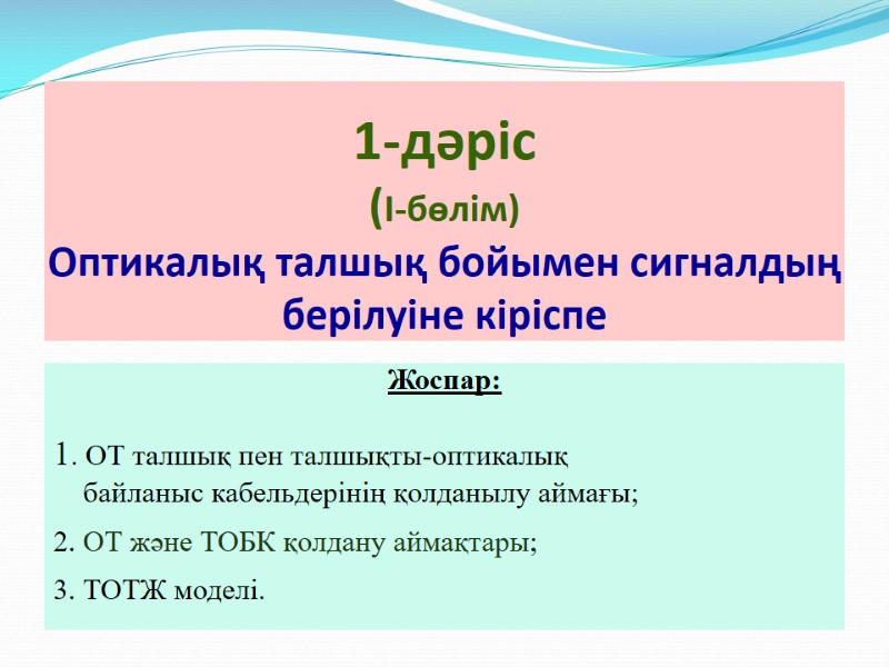 Жоспар:  1. ОТ талшық пен талшықты-оптикалық     байланыс кабельдерінің қолданылу